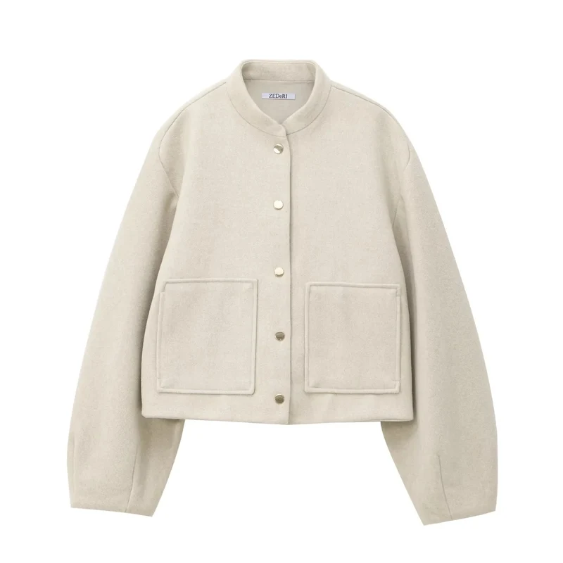 Damen 500+ Cropped Boxy Wollmix‑Blousonjacke mit Stehkragen, Druckknöpfen und großen aufgesetzten Taschen Drune