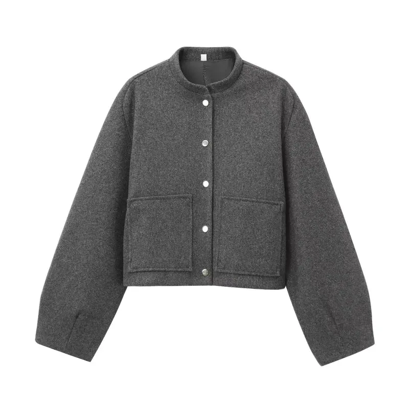 Damen 500+ Cropped Boxy Wollmix‑Blousonjacke mit Stehkragen, Druckknöpfen und großen aufgesetzten Taschen Drune