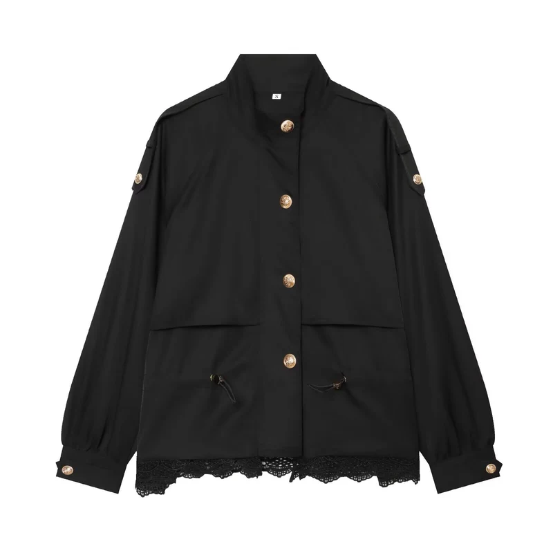 Damen 50+ taillierte Utility‑Blousonjacke mit Stehkragen, Kordelzugtaschen und Spitzenbesatz Drune