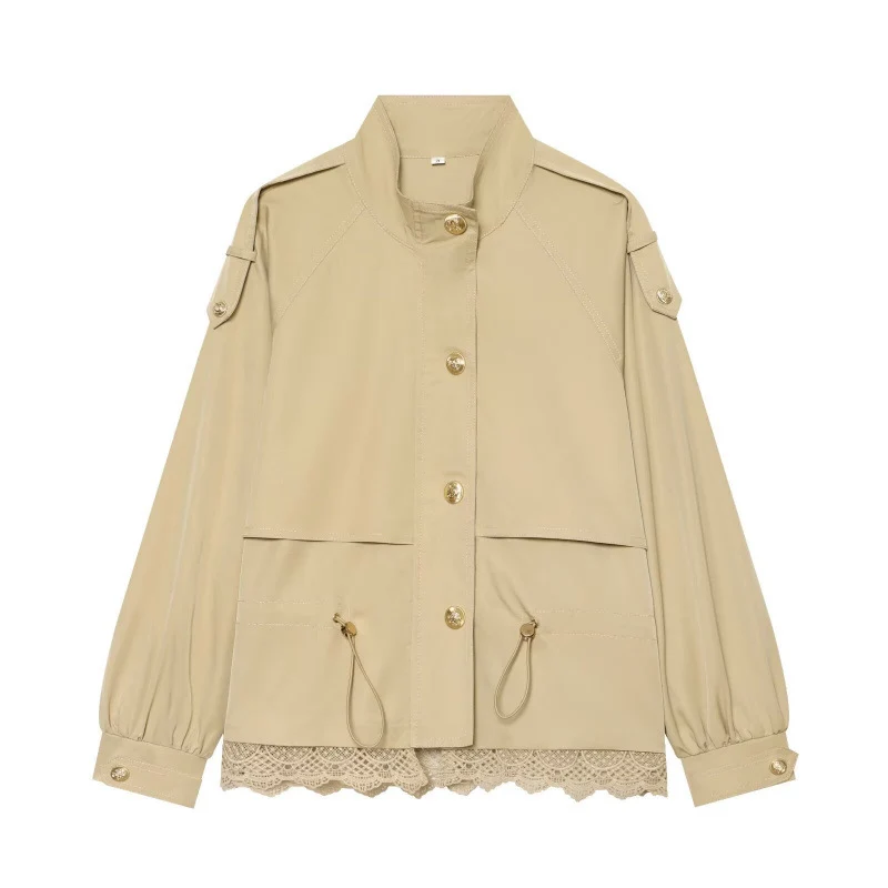 Damen 50+ taillierte Utility‑Blousonjacke mit Stehkragen, Kordelzugtaschen und Spitzenbesatz Drune