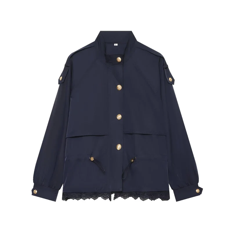 Damen 50+ taillierte Utility‑Blousonjacke mit Stehkragen, Kordelzugtaschen und Spitzenbesatz Drune