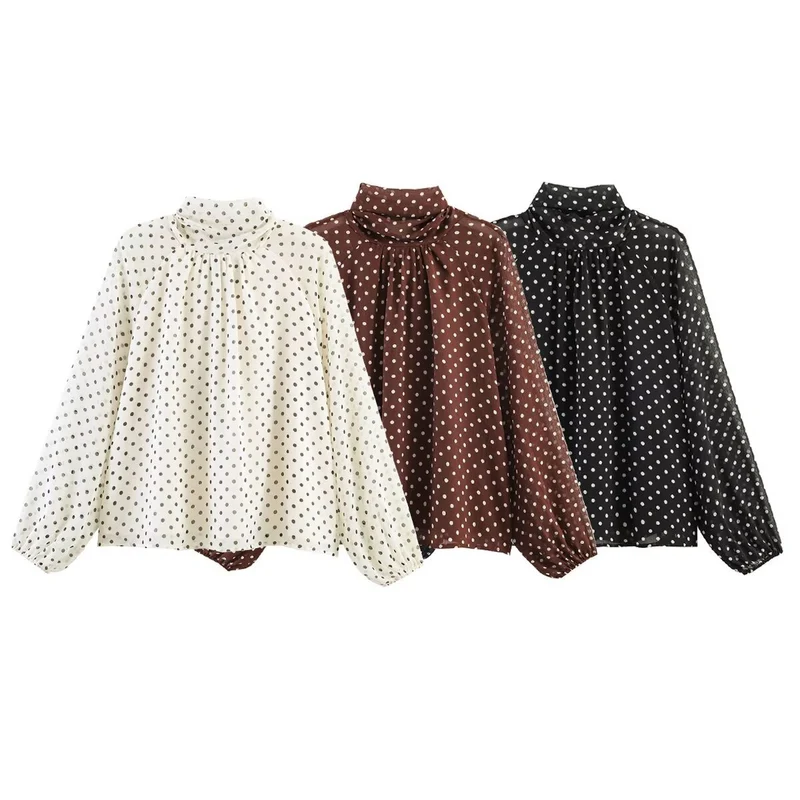 Damen 50+ seidenähnliche Polka‑Dot Schlupfbluse mit Schleifenkragen und Ballonärmeln Drune