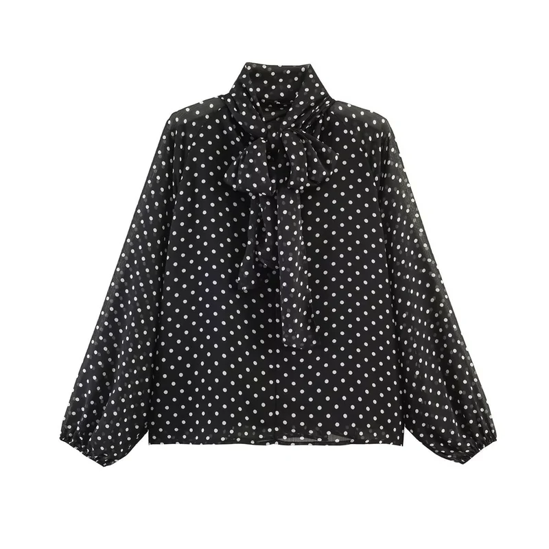 Damen 50+ seidenähnliche Polka‑Dot Schlupfbluse mit Schleifenkragen und Ballonärmeln Drune