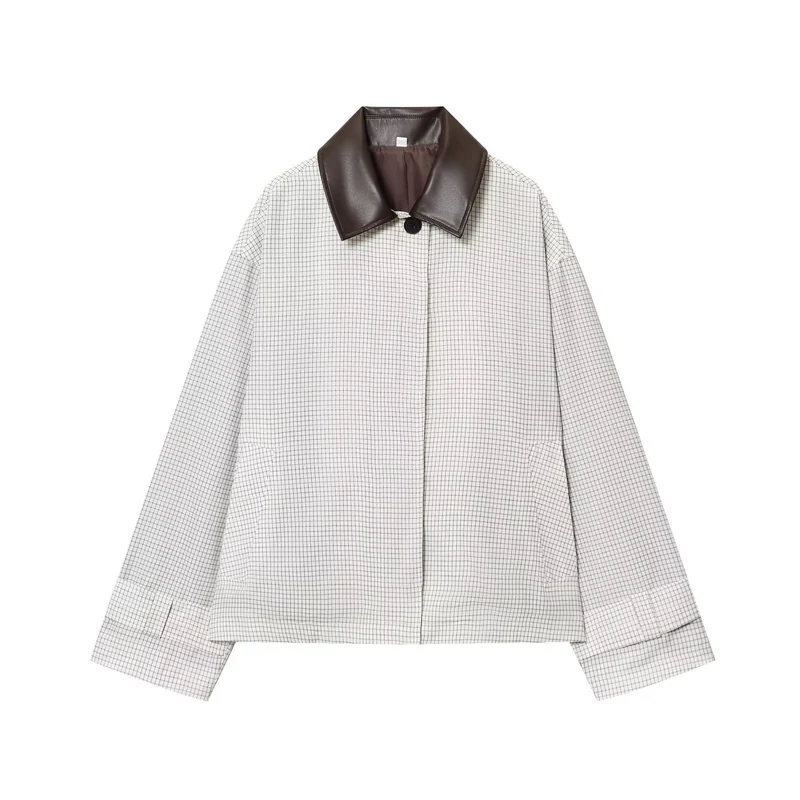 Damen 50+ Oversize Cropped Blousonjacke mit Karomuster und Kontrastkragen Drune