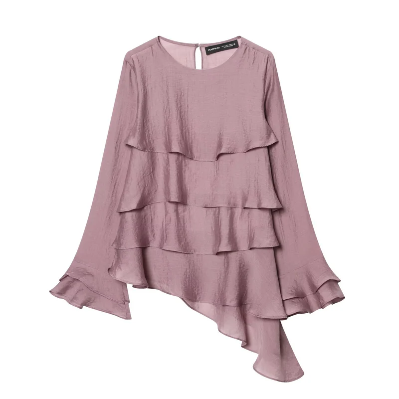 Damen 50+ mehrlagige Volant‑Bluse mit asymmetrischem Saum und Glockenärmeln Drune