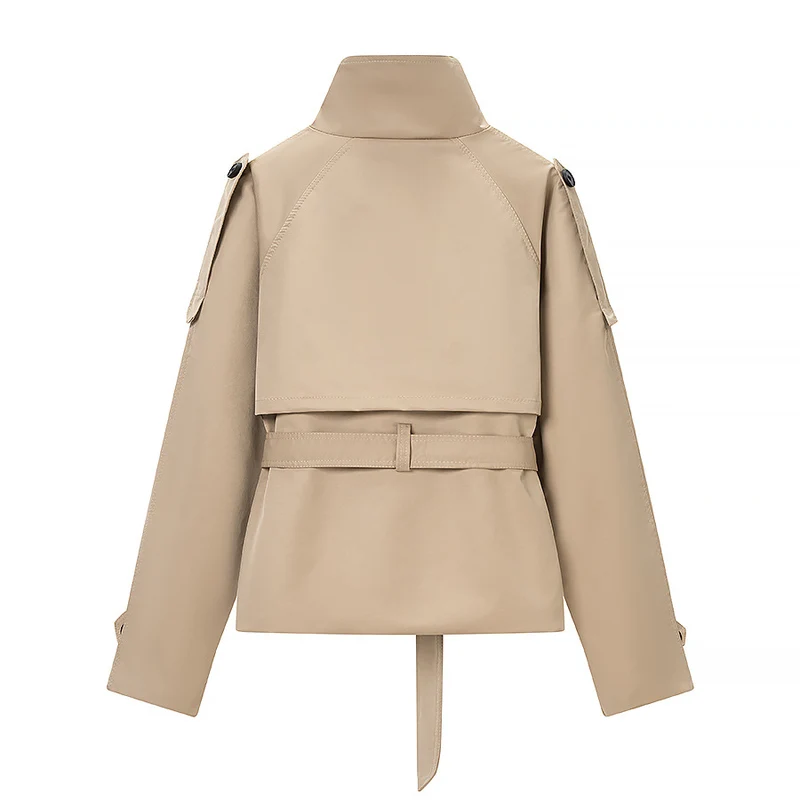 Damen Kurz-Trenchjacke im Cropped-Schnitt mit Funnelkragen und Bindegürtel Drune