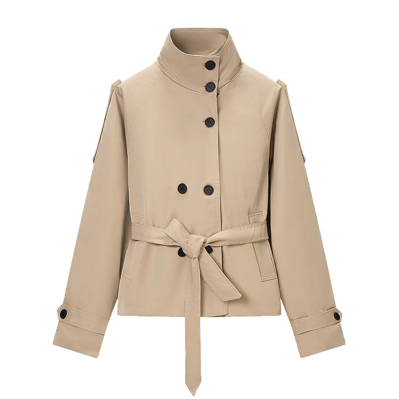 Damen Kurz-Trenchjacke im Cropped-Schnitt mit Funnelkragen und Bindegürtel Drune