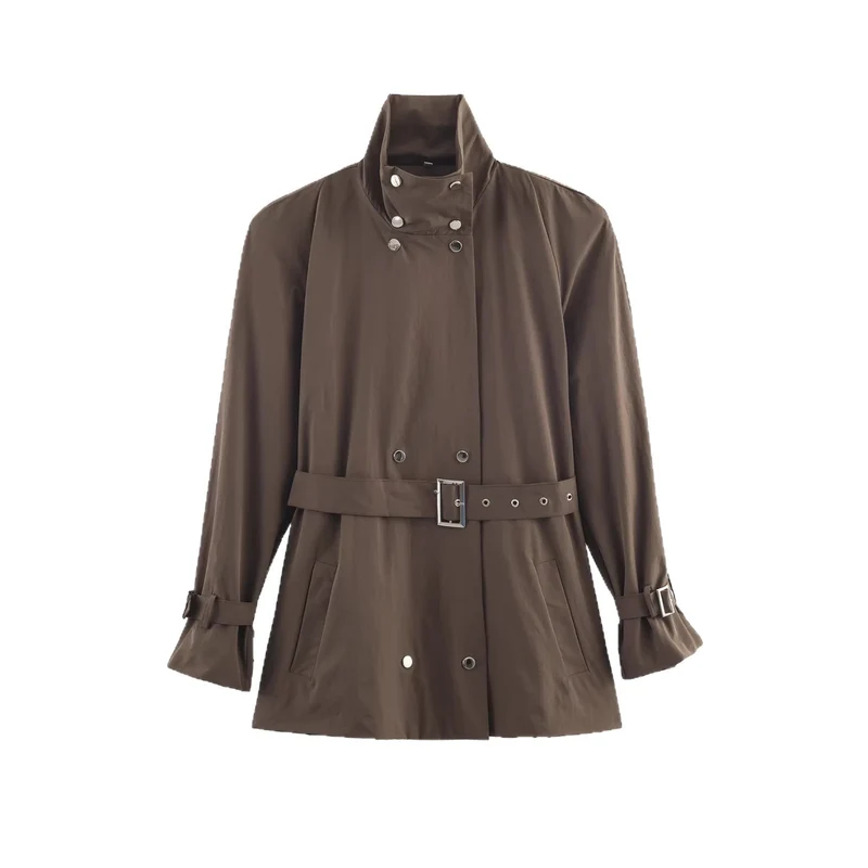 Damen Kurz geschnittener taillierter Trenchcoat mit Stehkragen und Bindegürtel Drune