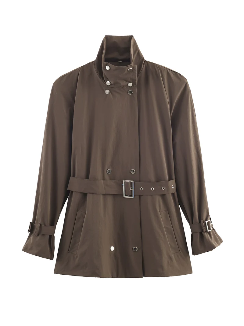 Damen Kurz geschnittener taillierter Trenchcoat mit Stehkragen und Bindegürtel Drune