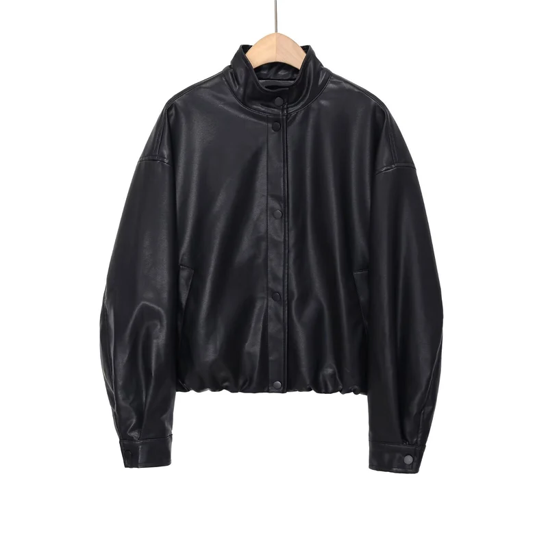 Damen Kurz geschnittener Oversize‑Bomber im Bikerstil aus veganer Lederoptik mit Stehkragen Drune