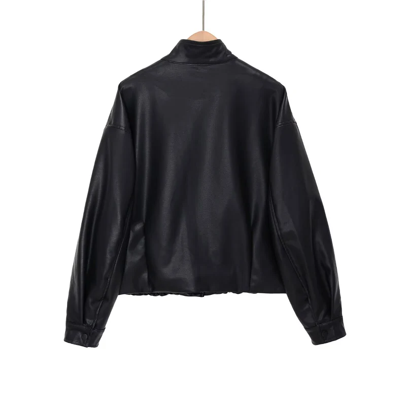 Damen Kurz geschnittener Oversize‑Bomber im Bikerstil aus veganer Lederoptik mit Stehkragen Drune