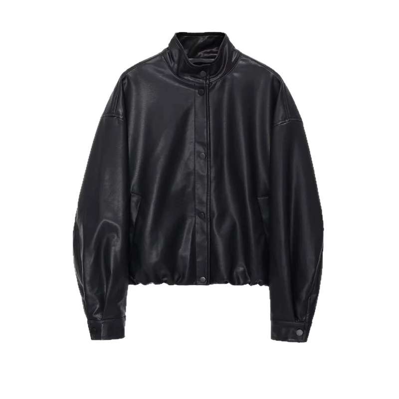 Damen Kurz geschnittener Oversize‑Bomber im Bikerstil aus veganer Lederoptik mit Stehkragen Drune