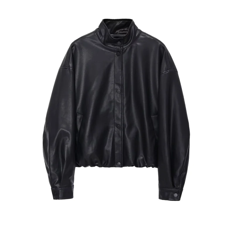 Damen Kurz geschnittener Oversize‑Bomber im Bikerstil aus veganer Lederoptik mit Stehkragen Drune