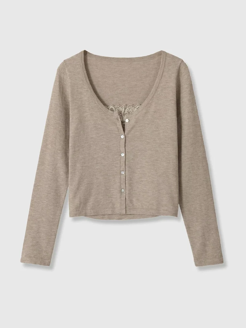 Damen Kurz geschnittener Feinstrick-Cardigan mit Spitzen-Einsatz Drune