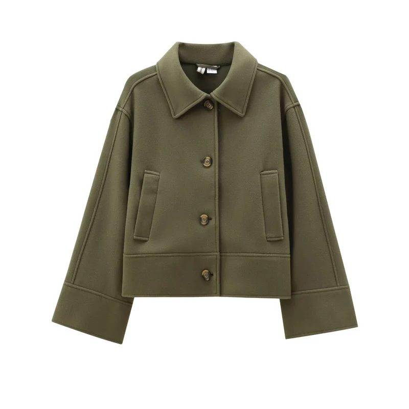Damen Kurz geschnittene Wollmix-Boxyjacke mit überschnittener Schulter und Pattentaschen Drune