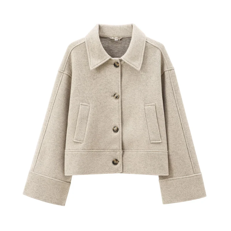 Damen Kurz geschnittene Wollmix-Boxyjacke mit überschnittener Schulter und Pattentaschen Drune