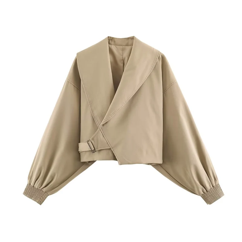 Damen Kurz geschnittene Wickeljacke mit großem Schalkragen, Taillenriegel und Ballonärmeln Drune