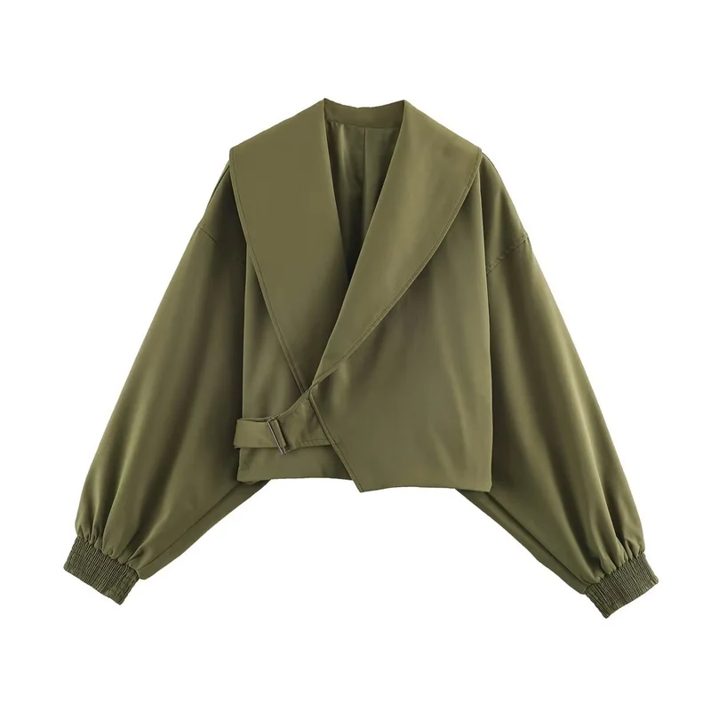 Damen Kurz geschnittene Wickeljacke mit großem Schalkragen, Taillenriegel und Ballonärmeln Drune
