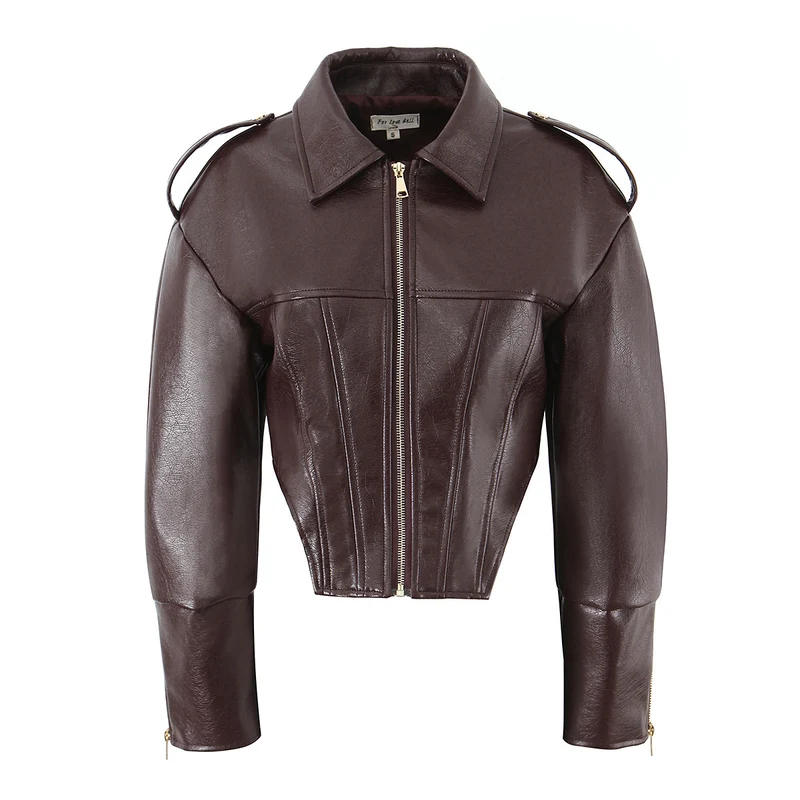 Damen Kurz geschnittene taillierte Bikerjacke aus Lederimitat mit Korselett-Nähten und Schulterklappen Drune