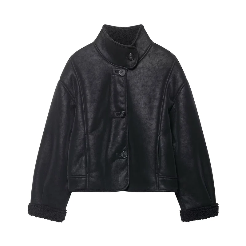 Damen Kurz geschnittene Kunstlederjacke mit Teddyfutter, Stehkragen und Knopfverschluss Drune