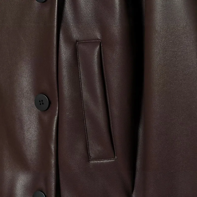 Damen Kurz geschnittene doppeltreihige Kunstlederjacke im Boxy‑Schnitt mit Hemdkragen Drune