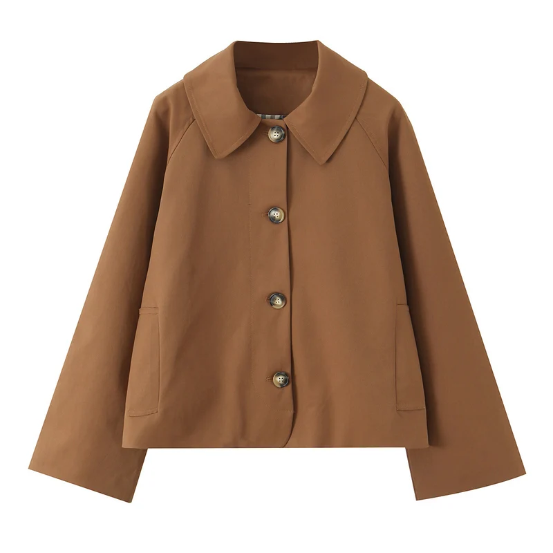 Damen Kurz geschnittene Boxy-Jacke mit weitem Hemdkragen und durchgehender Knopfleiste Drune