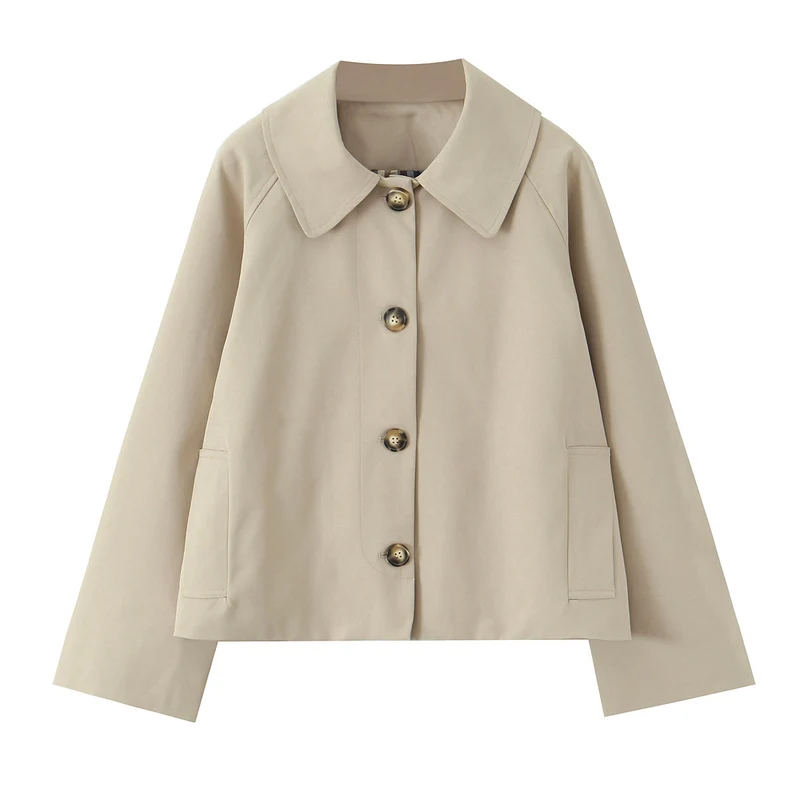 Damen Kurz geschnittene Boxy-Jacke mit weitem Hemdkragen und durchgehender Knopfleiste Drune