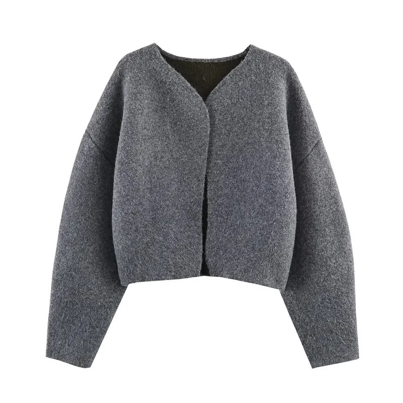 Damen Kurz geschnittene Boxy-Jacke aus Bouclé‑Wollmix mit offenem V‑Ausschnitt Drune