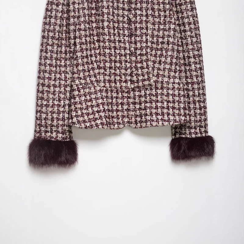 Damen Kurz geschnittene Bouclé‑Tweedjacke mit Stehkragen und Kunstfellmanschetten Drune
