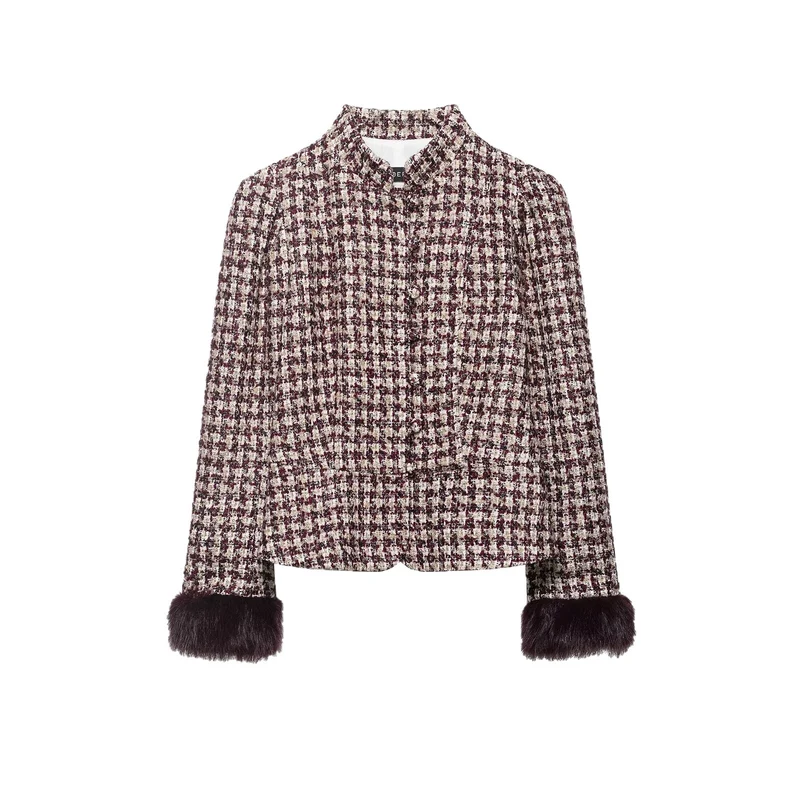 Damen Kurz geschnittene Bouclé‑Tweedjacke mit Stehkragen und Kunstfellmanschetten Drune