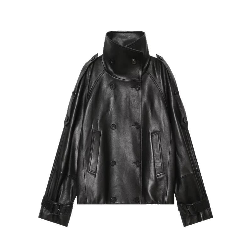 Damen Kurz‑Cape‑Trenchcoat aus veganer Lederoptik mit hohem Stehkragen und Schnallenärmeln Drune
