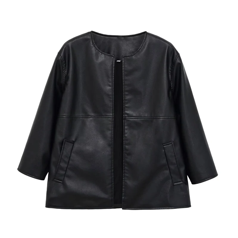 Damen kragenlose Oversize-Kunstlederjacke mit Rundhalsausschnitt Drune