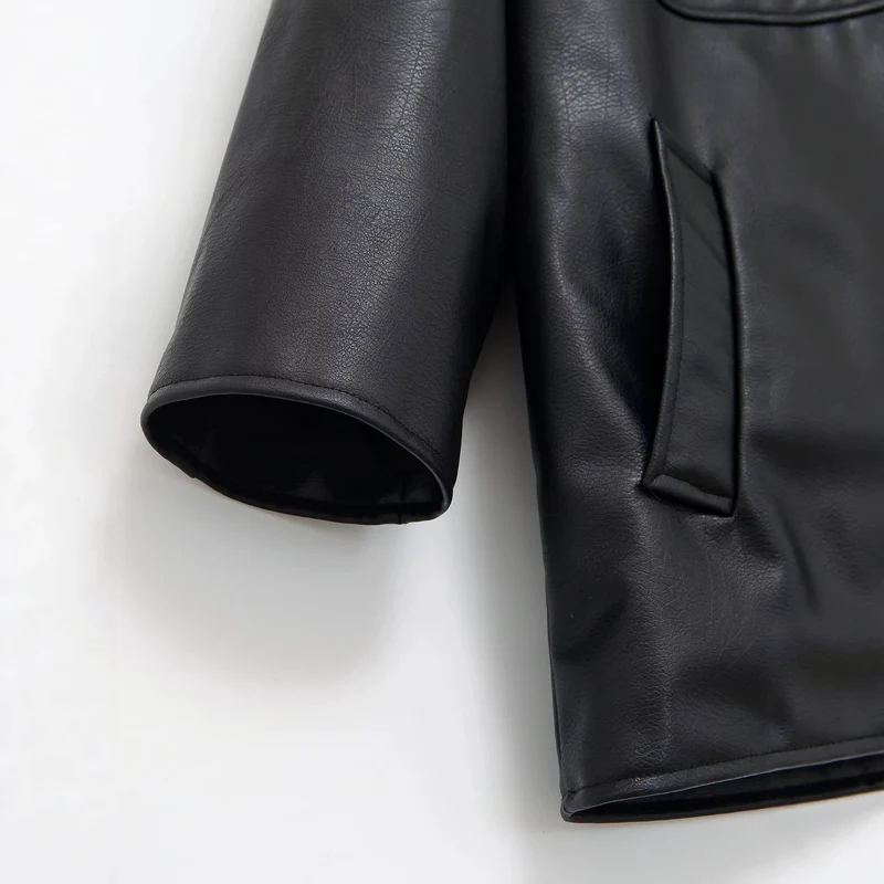 Damen kragenlose Oversize-Kunstlederjacke mit Rundhalsausschnitt Drune