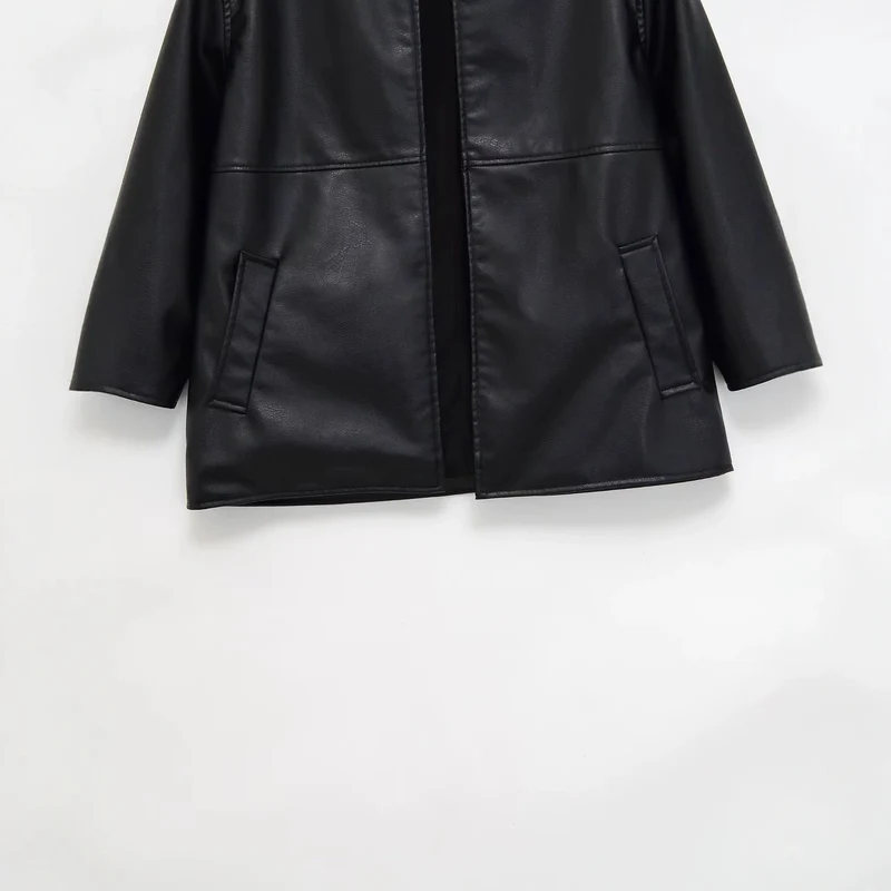 Damen kragenlose Oversize-Kunstlederjacke mit Rundhalsausschnitt Drune