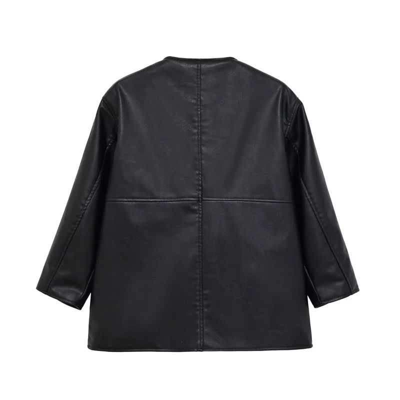 Damen kragenlose Oversize-Kunstlederjacke mit Rundhalsausschnitt Drune