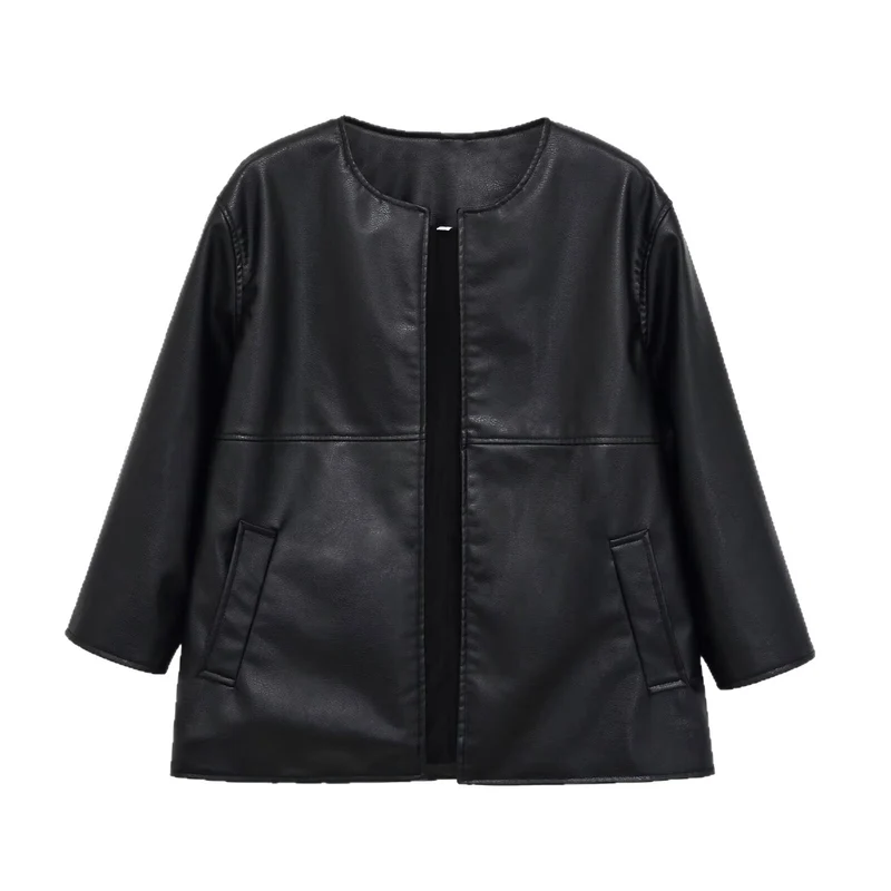 Damen kragenlose Oversize-Kunstlederjacke mit Rundhalsausschnitt Drune