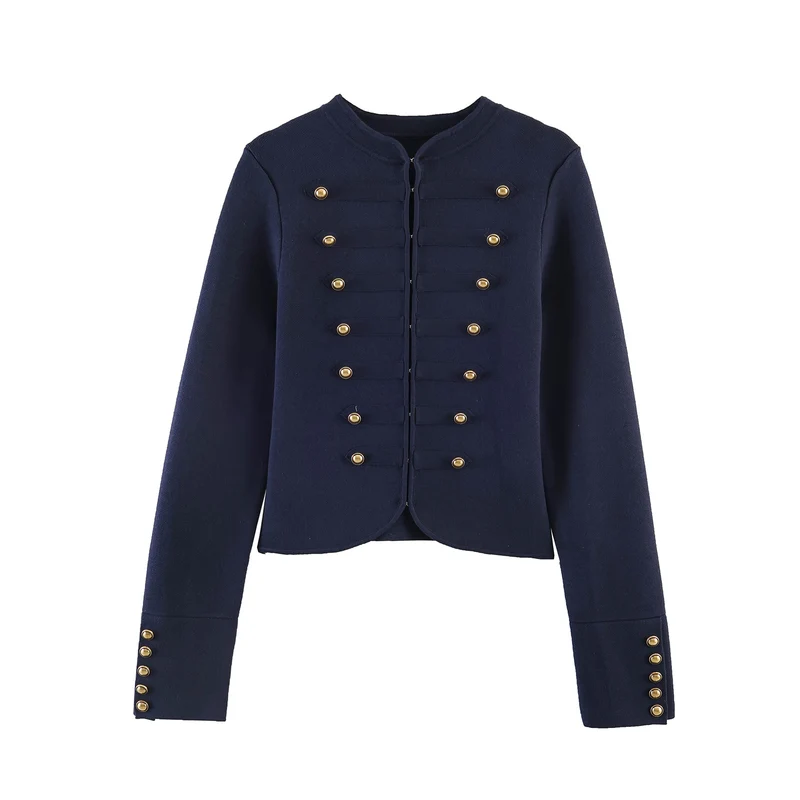 Damen Kragenlose Cropped-Militärjacke mit dekorativer Messingknopfleiste Drune