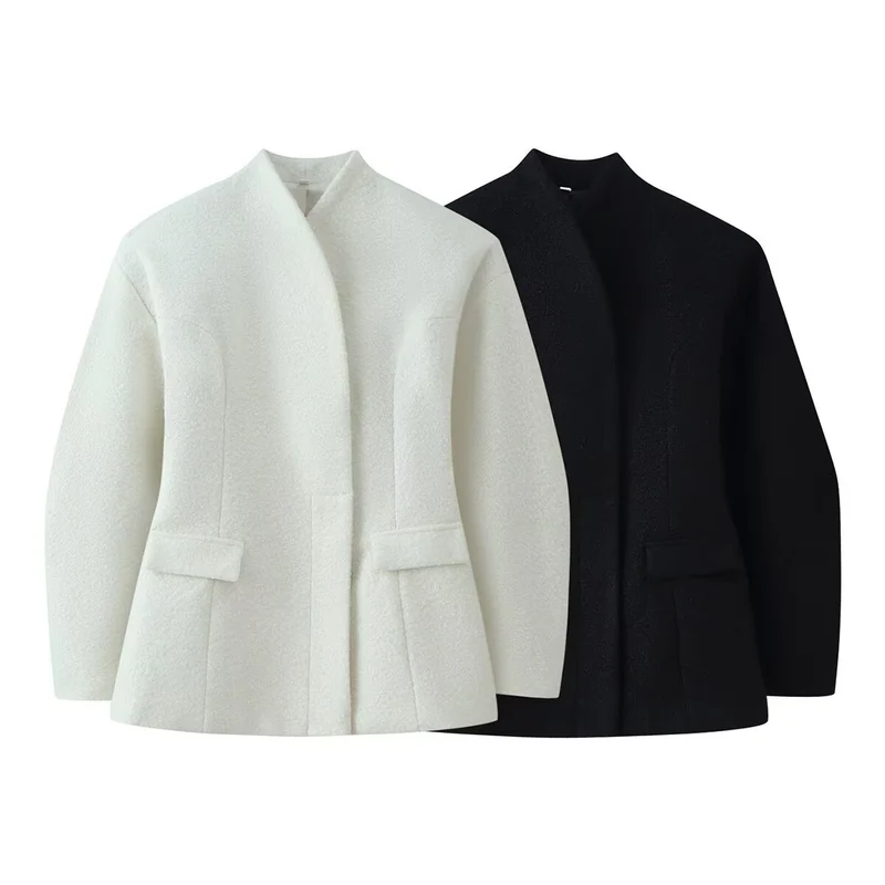 Damen Kragenlose Bouclé-Jacke mit taillierten Abnähern und Pattentaschen Drune