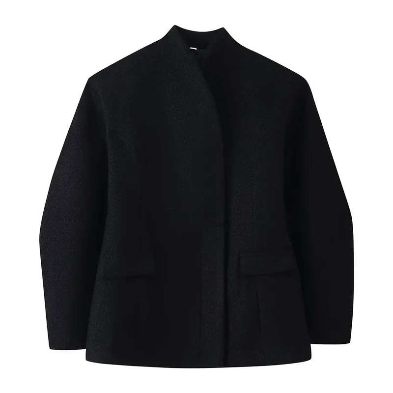 Damen Kragenlose Bouclé-Jacke mit taillierten Abnähern und Pattentaschen Drune