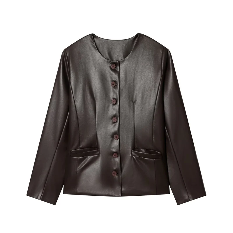 Damen Knopfblazer aus veganer Lederoptik im Cropped‑Boxy‑Schnitt mit Rundhalsausschnitt Drune