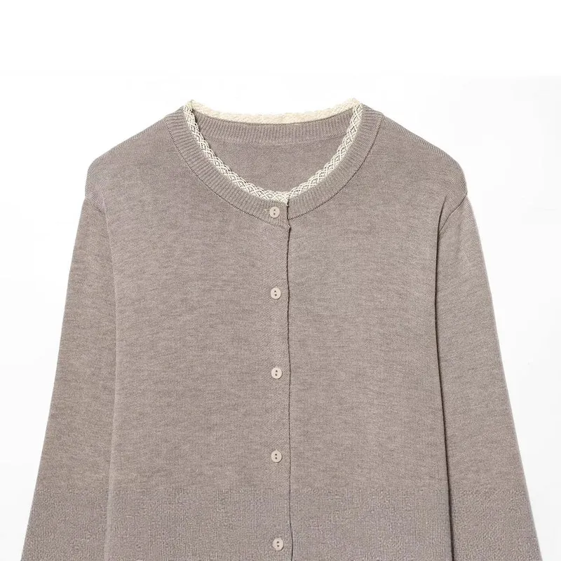 Damen Klassischer Feinstrick-Cardigan mit zarter Spitzenkante Drune