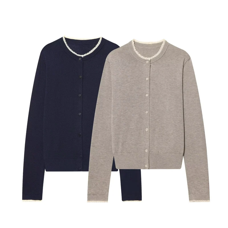 Damen Klassischer Feinstrick-Cardigan mit zarter Spitzenkante Drune