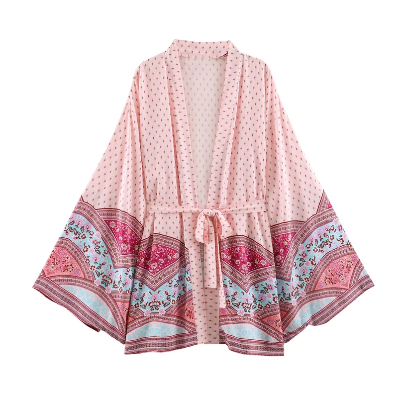Damen Kimono-Wickelrobe im Boho-Print mit weitem Ärmeln Drune