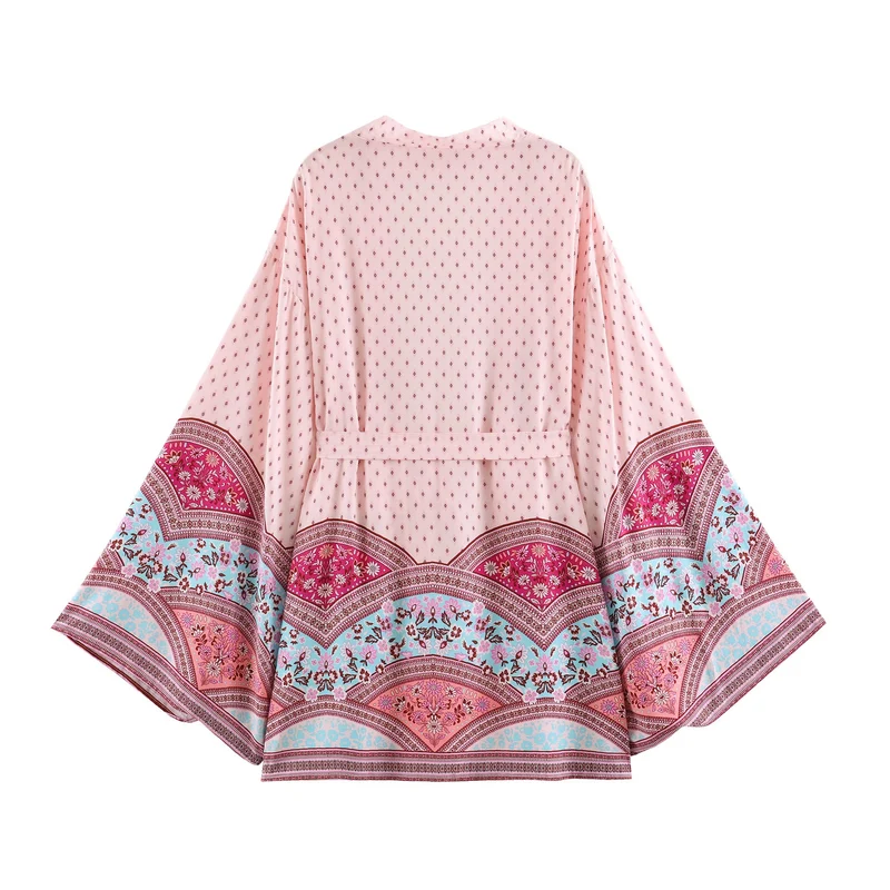 Damen Kimono-Wickelrobe im Boho-Print mit weitem Ärmeln Drune