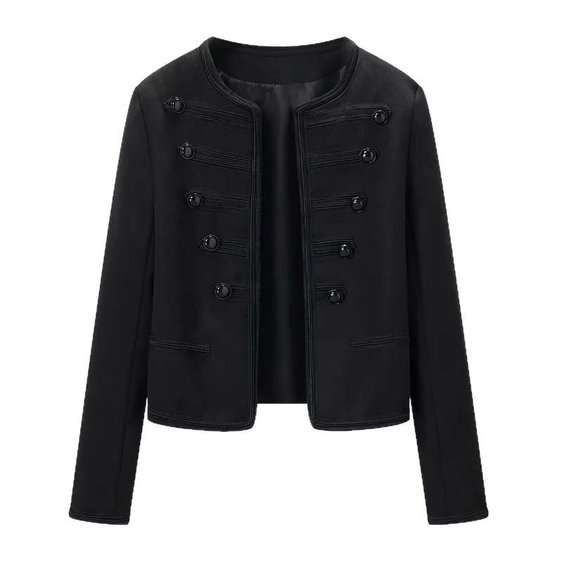 Damen Kastenjacke im Marschall-Stil ohne Kragen mit Zierkordeln und Schmuckknöpfen Drune