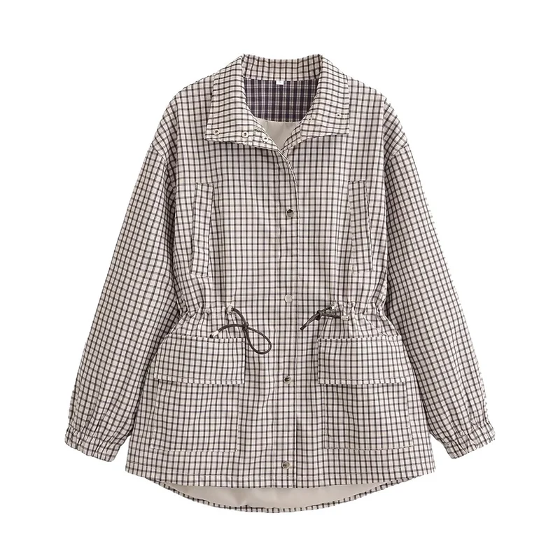 Damen Karo-Übergangsjacke mit Tunnelzugtaillierung und Pattentaschen Drune