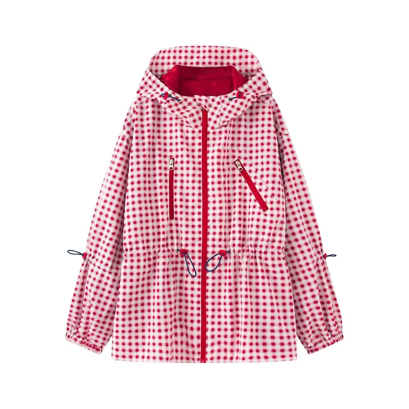 Damen Karo-Übergangsjacke mit Kapuze, Tunnelzug und wasserabweisender Beschichtung Drune