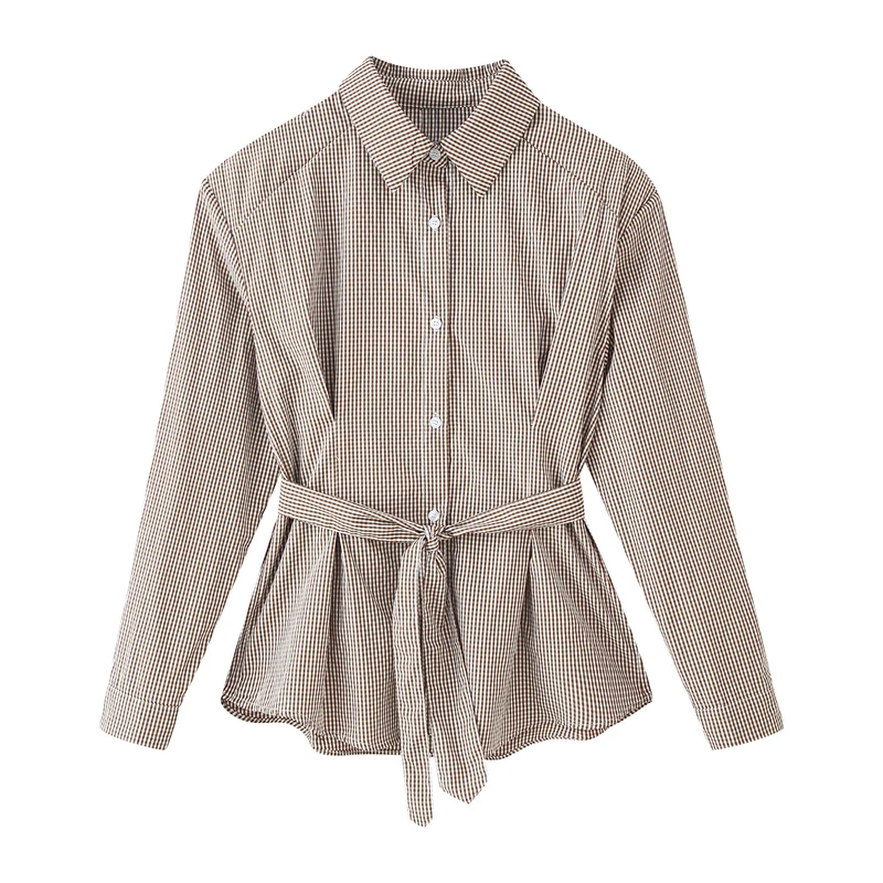 Damen Karo-Hemdbluse mit Taillengürtel und ausgestelltem Volant-Saum Drune