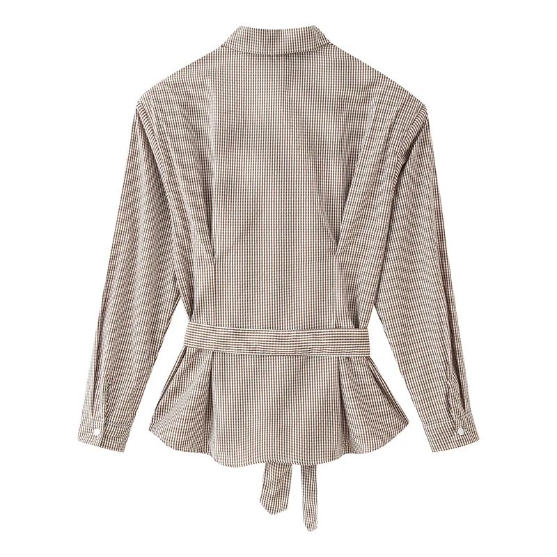 Damen Karo-Hemdbluse mit Taillengürtel und ausgestelltem Volant-Saum Drune