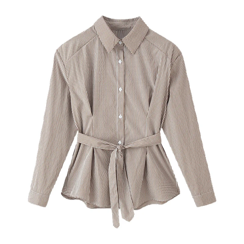 Damen Karo-Hemdbluse mit Taillengürtel und ausgestelltem Volant-Saum Drune